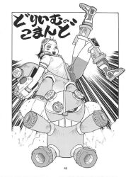 1999 1girl action_lines aki_kyouma bike_shorts bike_shorts_under_shorts blush boots child dolphin_shorts emi_(fighting_vipers) fighting_vipers fighting_vipers_2 floating gauntlet goggles goggles_on_head japanese_text leg_up looking_down mechanical_hands monochrome open_mouth sega shirt shirt_under_shirt short_hair shorts shorts_under_shorts smile solo solo_focus sticker_on_face stuffed_animal stuffed_toy teddy_bear thrusters