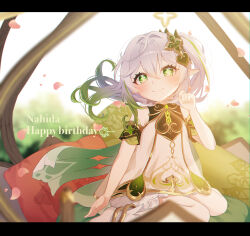 1girl absurdres bare_shoulders bloomers blush bracelet character_name chinese_commentary closed_mouth commentary_request detached_sleeves dress falling_petals foot_out_of_frame genshin_impact gold_trim gradient_hair green_eyes green_hair green_sleeves hair_between_eyes hair_ornament hand_up happy_birthday highres jewelry kobato_(youyoshi0422) leaf_hair_ornament letterboxed long_hair looking_at_viewer mixed-language_commentary multicolored_hair nahida_(genshin_impact) petals pointy_ears side_ponytail sitting sleeveless sleeveless_dress smile solo star-shaped_pupils star_(symbol) symbol-shaped_pupils underwear wariza white_bloomers white_dress white_hair