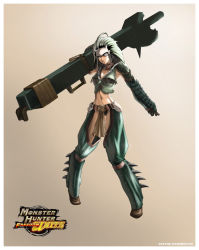 1girl armor blue_eyes bowgun breasts capcom cleavage conga_(armor) eyepatch female_focus forehead_protector greaves headdress irving-zero midriff monster_hunter_(series) nargacuga_(armor) over_shoulder solo spikes weapon weapon_over_shoulder white_hair