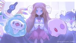 1girl blue_eyes bow brown_hair caitlin_(pokemon) cardigan closed_mouth creatures_(company) dress duosion game_freak gen_5_pokemon gothorita hair_ribbon long_hair long_sleeves looking_at_viewer mayotsunamayo munna nintendo pink_dress pokemon pokemon_(creature) pokemon_dppt pokemon_platinum ribbon sigilyph twitter_username white_bow white_cardigan