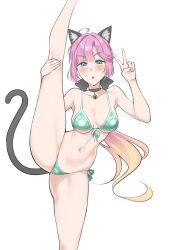 Rule 34 | 1girl, absurdres, ahoge, animal ears, anyoji hime, bell, bikini, black choker, black ribbon, black tail, blue eyes, blush, breasts, cat ears, cat tail, choker, collarbone, commentary, gradient hair, green bikini, hair intakes, hair ribbon, highres, large breasts, leg up, limelam06, link! like! love live!, long hair, looking at viewer, love live!, multicolored hair, navel, neck bell, open mouth, paw print, pink hair, ponytail, ribbon, side-tie bikini bottom, simple background, solo, split, standing, standing on one leg, standing split, stomach, swimsuit, tail, thighs, v, white background