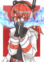 1girl a.i._voice absurdres adachi_rei belt black_gloves black_shirt blue_fire border breath_weapon breathing_fire computer_chip covered_mouth covering_own_mouth fire gloves hair_ornament hair_ribbon hands_up highres jacket long_sleeves looking_at_viewer noir_(noire6959) one_side_up open_clothes open_jacket orange_belt orange_eyes orange_hair outside_border red_background ribbon shirt solo upper_body utau white_border white_jacket white_ribbon