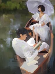 Rule 34 | 1boy, 1girl, black eyes, black hair, blunt bangs, boat, bob cut, book, canoe, dress, frilled dress, frills, from behind, full body, han sooyoung, highres, holding, holding book, holding umbrella, kim dokja, lake, macaronijail, medium hair, omniscient reader&#039;s viewpoint, on boat, painterly, parasol, reading, reflection, reflective water, shirt, short hair, sitting, umbrella, watercraft, white shirt