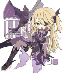 1girl :d air_(air_en0) bare_shoulders bird bird_on_hand black_gloves blonde_hair blush_stickers boots bow bowtie brown_boots brown_dress brown_sleeves brown_thighhighs color_guide commentary crow detached_sleeves dress eyepatch fischl_(genshin_impact) foot_out_of_frame genshin_impact gloves green_eyes hand_up high_heel_boots high_heels highres knee_boots lace lace-trimmed_thighhighs lace_trim long_hair looking_at_viewer open_mouth purple_bow purple_bowtie simple_background single_glove sleeveless sleeveless_dress smile solo thighhighs twitter_username watermark white_background