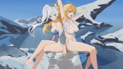 2girls :d arms_up bikini blonde_hair blue_eyes blue_one-piece_swimsuit breasts earrings floating_hair high_side_ponytail highres jewelry large_breasts long_hair medium_breasts multiple_girls one-piece_swimsuit open_mouth purple_eyes rwby scar scar_across_eye scar_on_face sitting smile snow swimsuit thighs very_long_hair wangxiii weiss_schnee white_bikini white_hair yang_xiao_long