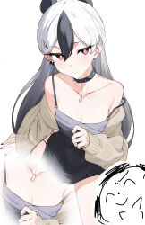 1boy 1girl absurdres black_choker black_dress black_hair black_horns blue_archive breasts choker cleavage closed_eyes closed_mouth collarbone demon_horns doodle_sensei_(blue_archive) dress grey_jacket hair_between_eyes highres horns isocha jacket kayoko_(blue_archive) kayoko_(dress)_(blue_archive) long_hair looking_at_viewer medium_breasts multicolored_hair official_alternate_costume red_eyes sensei_(blue_archive) simple_background smile white_background white_hair zoom_layer