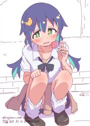 Rule 34 | 1girl, :d, alternate costume, alternate hairstyle, aqua hair, black bow, black bowtie, black shoes, blue hair, blue skirt, blush, bow, bowtie, brown jacket, candy, clothes around waist, commentary, dated, dot nose, food, full body, green eyes, gyaru, hair between eyes, hair ornament, hairclip, hand on own knee, hatafuta, jacket, jacket around waist, kogal, lollipop, looking at viewer, loose bowtie, loose socks, low twintails, multicolored hair, onii-chan wa oshimai!, open mouth, shirt, shoes, short sleeves, skirt, smile, socks, solo, squatting, tenkawa nayuta, twintails, twitter username, two-tone hair, white shirt, white socks, wing collar