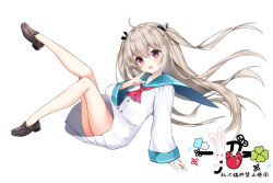 1girl :d ahoge arm_support ascot atri atri-my_dear_moments- black_ribbon blue_sailor_collar blush brown_shoes chinese_commentary commentary dress eyelashes finger_to_mouth floating_hair full_body hair_between_eyes hair_ribbon hand_up happy index_finger_raised knee_up knees_together_feet_apart leg_up light_brown_hair loafers long_hair long_sleeves looking_at_viewer no_socks open_mouth red_ascot red_eyes ribbon sailor_collar sailor_dress shoes short_dress signature simple_background sitting smile solo tareme two_side_up very_long_hair white_background white_dress wide_sleeves zhao_(pixiv12947327)