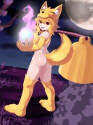 Rule 34 | 1girl, absurdres, animal ear fluff, animal feet, animal hands, ass, back, bell, blonde hair, blush, bottomless, bra, breasts, commentary, duemeng, fire, fox girl, fox hat, fox tail, full body, highres, holding, holding staff, horong (ragnarok online), looking at viewer, looking back, medium breasts, moon, moonlight flower, night, night sky, open mouth, orange eyes, purple fire, ragnarok online, short hair, sky, smile, solo, staff, standing, tail, underwear, yellow bra