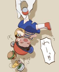 Rule 34 | 1boy, arrow (symbol), backpack, bag, black hair, blue shorts, burger, closed eyes, commentary request, food, franklin badge, gloves, highres, holding, holding sign, master hand, mother (series), mouse (animal), ness (mother 2), nintendo, norakinura, red footwear, shirt, shorts, sign, simple background, single glove, socks, striped clothes, striped shirt, super smash bros., sweatdrop, translation request, upside-down, white socks, yellow shirt, yo-yo