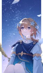 1girl absurdres artist_name blue_dress brown_hair direidyth_(genshin_impact) dress flower genshin_impact hair_flower hair_ornament highres long_hair long_sleeves mnmnm8169 night night_sky petals ponytail purple_eyes signature sky smile star_(sky) starry_sky two-tone_dress white_dress white_flower