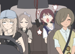4girls anglediana baseball_cap black_shirt blue_eyes blue_hat blue_sweater_vest blush bow brown_hair brown_sweater_vest chinese_commentary closed_mouth collared_shirt commentary_request ebizuka_tomo girls_band_cry grey_bow grey_eyes grey_hair hair_bow hair_over_one_eye hat iseri_nina kawaragi_momoka low_twintails multiple_girls red_eyes rupa_(girls_band_cry) shirt short_hair short_sleeves short_twintails steering_wheel sunglasses sweater_vest twintails unworn_eyewear vehicle_interior white_shirt