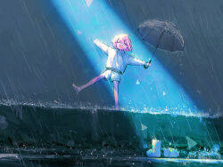 1boy :d absurdres barefoot closed_eyes commentary_request drawstring full_body highres holding holding_umbrella hood hoodie light_rays long_sleeves male_focus open_mouth original outdoors outstretched_arms pink_hair rain raito-kun_(uenomigi) short_hair shorts smile solo spread_arms standing standing_on_one_leg sunbeam sunlight uenomigi umbrella v-shaped_eyebrows variant_set white_hoodie white_shorts
