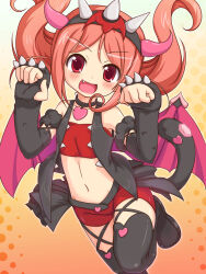 Rule 34 | 1girl, bare shoulders, blush, demon horns, demon tail, demon wings, flat chest, gem, heart, horns, jdark, jewelpet (series), jewelpet kira deco!, jewelry, navel, oomiya pink, open mouth, red eyes, red hair, sanrio, solo, tail, teeth, wings