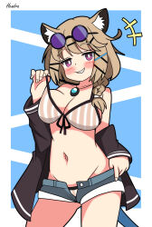 +++ 1girl absurdres animal_ear_fluff animal_ears arknights artist_name bikini black_outline blue_background blush border breasts bright_pupils brown_bikini brown_hair cleavage contrapposto cowboy_shot eyewear_on_head grey_shorts groin hair_ornament hairclip hand_on_own_hip hendra highres jewelry large_breasts long_sleeves looking_at_viewer medium_hair micro_shorts navel official_alternate_costume open_fly outline outside_border pendant pink_eyes shorts signature simple_background smile solo standing striped_bikini striped_clothes swimsuit two-tone_background utage_(arknights) utage_(summer_flowers)_(arknights) vertical-striped_bikini vertical-striped_clothes white_background white_bikini white_border white_pupils x_hair_ornament