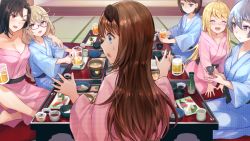 6+girls ahoge alcohol beer beer_mug black_hair blonde_hair blue_eyes blush breasts brown_hair chopsticks cleavage closed_eyes closed_mouth cup daigo_honoka drunk fish_(food) food from_behind glasses hair_between_eyes hands_up happy holding holding_cup hug indoors japanese_clothes juice kimono kogado legs long_hair looking_at_another marie_mahler medium_breasts mug mugendou_saki multiple_girls off_shoulder one_eye_closed open_mouth orange_juice otori_ai parted_lips pink_eyes purple_eyes red_eyes sashimi short_hair silver_hair sitting smile soup sushi sweatdrop tachibana_nana thighs wide_sleeves wink yanigaya_kokoro yumeututu_reuff1a_master