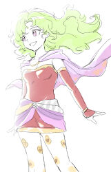 1girl breasts cape cowboy_shot dede_(qwea_00000) detached_sleeves dress final_fantasy final_fantasy_vi gold_trim green_hair long_hair medium_breasts pantyhose parted_lips print_pantyhose purple_cape purple_eyes red_dress red_sleeves sash sketch smile solo strapless strapless_dress teeth tina_branford tube_dress waist_sash wavy_hair white_background