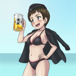 Rule 34 | 1girl, alcohol, beer, beer mug, bikini, black bikini, black hat, black jacket, breasts, brown hair, cleavage, commentary request, cross, cup, emblem, garrison cap, girls und panzer, grey eyes, hand on own hip, hat, horizon, iron cross, jacket, jacket on shoulders, kkonmulbeom nyomy, kojima emi, kuromorimine (emblem), medium breasts, mug, ocean, red trim, short hair, solo, swimsuit, upper body