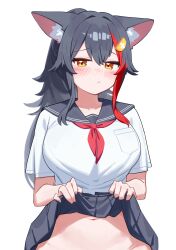 1girl :/ alternate_costume animal_ear_fluff animal_ears black_hair black_skirt blush clothes_lift hair_between_eyes hair_ornament hairclip highres hololive long_hair looking_at_viewer multicolored_hair navel neckerchief no_panties nose_blush ookami_mio out-of-frame_censoring paid_reward_available pleated_skirt red_hair red_neckerchief sailor_collar school_uniform shirt short_sleeves sidelocks simple_background skirt skirt_lift solo spiked_hair straight-on streaked_hair verdey virtual_youtuber white_background white_shirt wolf_ears wolf_girl yellow_eyes