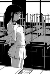 black_hair breasts classroom closed_mouth clothes_lift groin highres jitome long_hair medium_breasts miniskirt monochrome navel no_bra original school_uniform skirt tahataharrrrr