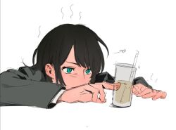 1girl bang_dream! bang_dream!_it&#039;s_mygo!!!!! black_hair blue_eyes commentary_request cracy_logan cup drinking_straw grey_jacket jacket medium_hair simple_background solo white_background yahata_umiri