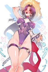 1girl absurdres breasts curvy greenu hat highleg highleg_one-piece_swimsuit highres holding holding_sword holding_weapon large_breasts leotard long_hair looking_at_viewer marvel marvel_rivals one-piece_swimsuit parted_lips psylocke psylocke_(vengeance) purple_eyes purple_hair sash shiny_skin solo superhero_costume swimsuit sword thong_one-piece_swimsuit weapon wide_hips x-men