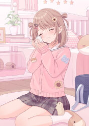 1girl animal bed bob_cut book bow bowtie brown_eyes brown_slippers closed_eyes closed_mouth commentary_request flower full_body grey_skirt hair_flower hair_ornament hairclip hamster holding holding_animal indoors light_blush light_brown_hair miniskirt on_floor original pillow pink_bow pink_bowtie plaid_clothes plaid_skirt plant pleated_skirt potted_plant rug second-party_source seed_hair_ornament shiromikan short_hair sitting skirt slippers smile socks solo star_(symbol) swept_bangs variant_set wariza white_socks