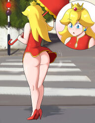 1girl ass assentlov blonde_hair blue_eyes bottomless crown day earrings embarrassed high_heels highres jewelry legs long_hair looking_back mario_(series) nintendo no_panties outdoors princess_peach public_indecency road skirt standing street umbrella upskirt wind wind_lift