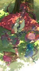 Rule 34 | black rose dragon, blue rose dragon, character request, closed eyes, dougaku (passionpit777), duel monster, group picture, highres, no humans, on grass, outdoors, plant, shadow, trait connection, tree, vines, white rose dragon, yu-gi-oh!
