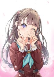 1girl ;) aqua_neckerchief blush brown_dress brown_hair closed_mouth commentary_request dress falling_feathers feathers frontrivers_kae fujishima_megumi gradient_background half-heart_hands hand_on_own_cheek hand_on_own_chin hand_on_own_face hasu_no_sora_school_uniform highres link!_like!_love_live! long_hair long_sleeves looking_at_viewer love_live! neckerchief one_eye_closed pink_background pleated_dress purple_eyes sailor_collar sailor_dress school_uniform smile solo split_mouth two_side_up upper_body virtual_youtuber white_feathers white_sailor_collar winter_uniform