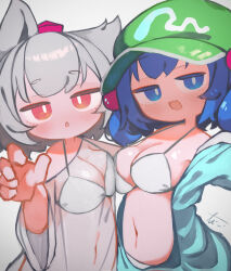 2girls absurdres animal_ears bikini blue_eyes blue_hair breast_press breasts bright_pupils chii_(tsumami_tsumamare) cleavage commentary fang flat_cap green_hat grey_background grey_hair hat highres inubashiri_momiji kawashiro_nitori large_breasts long_sleeves looking_at_viewer multiple_girls navel open_mouth reaching reaching_towards_viewer red_eyes red_hat short_hair simple_background skin_fang swimsuit symmetrical_docking tokin_hat touhou upper_body white_bikini white_pupils wolf_ears wolf_girl