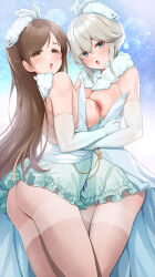 2girls :o anastasia_(idolmaster) ass blue_eyes blush breast_press breasts brown_eyes brown_hair cleavage elbow_gloves fur_scarf gloves grey_hair hair_between_eyes highres idolmaster idolmaster_cinderella_girls lens_flare long_hair looking_at_viewer mk_(mod0) multiple_girls nipples nitta_minami panties panties_under_pantyhose pantyhose short_hair symmetrical_docking thighs underwear