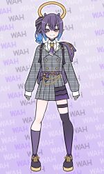 1girl arms_at_sides ascot asymmetrical_legwear backpack bag belt belt_buckle blue_ascot blue_hair blush bow brooch buckle buttons cosplay double-breasted dress fang flat_chest fold-over_boots frills full_body garter_belt gradient_hair hair_between_eyes hair_ribbon halo highres hololive hololive_english hoshimachi_suisei hoshimachi_suisei_(1st_costume) hoshimachi_suisei_(cosplay) jewelry kneehighs lapels long_sleeves looking_at_viewer mismatched_legwear mole mole_under_eye moral_cacoethes multicolored_hair ninomae_ina&#039;nis plaid_clothes plaid_dress pointy_ears purple_belt purple_eyes purple_hair purple_socks ribbon side_ponytail single_kneehigh single_sock single_thighhigh skin_fang sleeves_past_wrists smile socks solo standing star_(symbol) straight-on takodachi_(ninomae_ina&#039;nis) thighhighs tsurime uneven_legwear virtual_youtuber wah zipper zipper_pull_tab