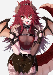 1girl belt bracelet breasts choker cleavage collar crop_top cross dragon_girl dragon_horns dragon_tail dragon_wings fangs fingerless_gloves fingernails fur_collar gloves horns jewelry long_fingernails long_hair meibin navel pantyhose ponytail red_hair skirt spiked_collar spikes tail tongue tongue_out torn_clothes torn_pantyhose vshojo wings yellow_eyes zentreya zentreya_(cyborg) zentreya_(cyborg)_(1st_costume) zentreya_(dragon)