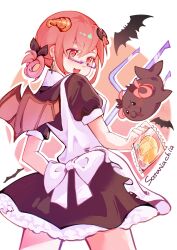 Rule 34 | 1girl, :o, absurdres, apron, back bow, bat hair ornament, black dress, bow, bread, brown wings, character name, circle, cowboy shot, cross, cross earrings, demon horns, demon wings, dress, earrings, fang, food, from behind, gabriel dropout, glasses, hair ornament, hair rings, highres, holding, holding food, holding polearm, horns, inverted cross, jewelry, legs apart, looking at viewer, low-tied hair ring, maid, melon bread, polearm, puffy short sleeves, puffy sleeves, red background, red eyes, red hair, satanichia kurumizawa mcdowell, semi-rimless eyewear, short dress, short sleeves, simple bat, skin fang, solo, trident, turning head, two-tone background, under-rim eyewear, weapon, white apron, white background, white bow, wings, yangwu uriel
