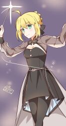 1girl ahoge alternate_costume artoria_pendragon_(fate) black_bow black_dress blonde_hair bow bowtie braid braided_bun conductor_baton dress fate/stay_night fate_(series) green_eyes hair_bow hair_bun holding_baton pantyhose saber_(fate) solo tsuchiya_madose