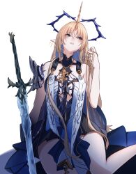 1girl absurdres bare_shoulders black_collar black_dress blonde_hair blue_eyes blue_hair blush breasts collar colored_inner_hair commentary crown_of_thorns dress earrings fleurdelys_(wuthering_waves) floating_earrings highres holding holding_own_hair horns jewelry kamishiro_noa large_breasts long_hair long_horns looking_to_the_side multicolored_hair necklace parted_lips planted planted_sword planted_weapon pointy_ears sidelocks simple_background single_horn sitting solo sword tabard tacet_mark_(wuthering_waves) thighs very_long_hair weapon white_background white_tabard wuthering_waves yellow_horns yokozuwari