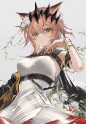 Rule 34 | 1girl, 3 (sanyako1), absurdres, animal ears, arknights, arm strap, arm vines, armpits, bare shoulders, belt, black belt, black jacket, black tiara, breasts, breasts apart, brown hair, cat ears, cat girl, chest harness, collared dress, commentary, cowboy shot, crossed bangs, diamond-shaped pupils, diamond (shape), double-parted bangs, dress, flower, from below, hair between eyes, hair flower, hair ornament, hair vines, hand up, harness, high belt, highres, jacket, looking at viewer, medium breasts, one-hour drawing challenge, parted lips, plant, red pupils, rose, short hair with long locks, simple background, sleeveless, sleeveless dress, solo, standing, symbol-shaped pupils, teeth, thorns, tiara, vendela (arknights), vines, white dress, white flower, white rose, yellow eyes