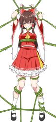 1girl absurdres ascot black_shoes blush bow breasts brown_eyes brown_hair clenched_teeth commentary commission detached_sleeves frilled_bow frilled_hair_tubes frilled_skirt frills hair_bow hair_tubes hakurei_reimu highres long_hair looking_at_viewer navel plant red_bow red_skirt restrained ribbon-trimmed_sleeves ribbon_trim rise_(rise19851203) shoes simple_background skeb_commission skirt skirt_set socks solo sweat teeth thorns touhou trembling vines white_background white_socks yellow_ascot