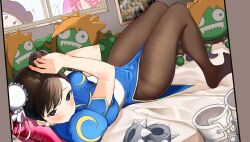 bed blanka boots bracelet brown_eyes bun_cover capcom chinese_clothes chun-li double_bun dress earrings hair_bun highres jewelry lying maeve_(ve) on_back on_bed pantyhose pelvic_curtain pillow solo spiked_bracelet spikes street_fighter stuffed_toy unworn_boots unworn_bracelet white_boots