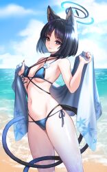 1girl animal_ear_fluff animal_ears bare_shoulders beach bikini black_eyes black_hair black_nails blue_archive blue_bikini blue_halo blue_haori breasts bright_pupils cat_ears cat_girl cat_tail closed_mouth halo haori highres japanese_clothes kikyou_(blue_archive) kikyou_(swimsuit)_(blue_archive) looking_at_viewer medium_breasts multiple_tails navel ocean official_alternate_costume parted_bangs short_hair smile solo stomach swimsuit tail toriseru_(rare_stone) two_tails white_pupils