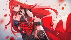 Rule 34 | 1girl, ahoge, black bow, black gloves, black skirt, bow, breasts, choker, cleavage, commentary, dragon raja, dress, elbow gloves, english commentary, fingerless gloves, flower, gloves, hand on own shoulder, highres, long hair, looking at viewer, looking down, medium breasts, nono (dragon raja), red dress, red flower, red hair, skirt, smile, solo, thighhighs, very long hair, watermark, yennineii