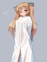 1girl absurdres alternate_costume blush breasts brown_hair coat commentary_request dated grey_background hair_between_eyes highres johnston_(kancolle) kantai_collection long_hair looking_at_viewer maru_(marg0613) medium_breasts one-hour_drawing_challenge raincoat red_eyes see-through_clothes see-through_raincoat sidelocks simple_background solo standing twitter_username two_side_up white_coat