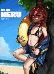 1girl absurdres against_tree ahoge beach bikini bikini_under_shorts black_bikini black_choker blue_archive blue_jacket blue_shorts blue_sky can choker commentary day denim denim_shorts drink_can drinking_straw earrings english_commentary flat_chest highres holding holding_can holding_swim_ring innertube jacket jewelry mole mole_under_eye mouth_hold navel neru_(blue_archive) ocean outdoors red_eyes red_hair sand shorts sky soda_can solo st_crabsburg stud_earrings swim_ring swimsuit tree water yellow_innertube