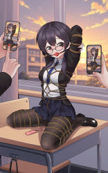 absurdres ball_gag bdsm black_eyes black_hair black_pantyhose blazer blue_necktie bondage bound breasts cloud cloudy_sky collared_shirt commission crotch_rope drooling egg_vibrator gag gagged highres indoors jacket loafers long_hair looking_at_another low_twintails medium_breasts necktie on_table pantyhose phone pixiv_commission pleated_skirt restrained school_uniform sex_toy shibari shibari_over_clothes shirt shoes sitting skindentation skirt sky table twintails vibrator wariza white_shirt window yanx5