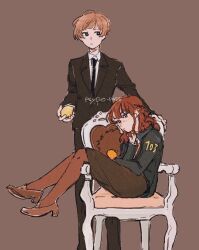 2girls black_eyes black_jacket black_necktie black_skirt blunt_bangs bright_pupils brown_background brown_hair chair commentary_request copyright_name feet_out_of_frame food formal_clothes freckles fruit hand_on_own_cheek hand_on_own_face high_heels highres holding holding_food jacket lemon multiple_girls necktie orange_(fruit) pantyhose pencil_skirt psycho-pass pumps shimotsuki_mika short_hair simple_background sitting_sideways skirt skirt_suit suhukit suit tsunemori_akane very_short_hair white_pupils