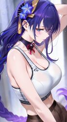 1girl alternate_costume arm_up artist_name bare_shoulders blush braid braided_ponytail breasts cleavage commentary from_side genshin_impact hair_ornament highres large_breasts long_hair looking_at_viewer mole mole_under_eye pantyhose parted_lips purple_hair raiden_shogun re0n solo sports_bra sweat white_sports_bra