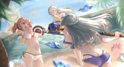 3girls :3 absurdres ass beach bikini braid breasts crab elf frieren grey_hair highres justjast kanne_(sousou_no_frieren) lawine_(sousou_no_frieren) long_hair mage_staff midriff multiple_girls navel ocean open_mouth orange_eyes orange_hair outdoors pointy_ears short_hair sky sousou_no_frieren swimsuit tree twintails white_hair