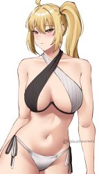 1girl absurdres aged_up ahoge bare_shoulders bikini black_bikini blonde_hair breasts highres large_breasts long_hair luciana_de_montefio multicolored_bikini navel obosounds side-tie_bikini_bottom side_ponytail simple_background solo stomach swimsuit two-tone_bikini white_background white_bikini zenless_zone_zero