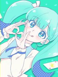 :p aqua_background aqua_eyes aqua_hair blouse blue_ribbon blunt_bangs blush bright_pupils clover_club_(vocaloid) clubs_hands collared_shirt commentary dutch_angle hair_ribbon hatsune_miku highres im74516829 long_sleeves ribbon shirt smile solo tareme tongue tongue_out twintails upper_body vocaloid white_pupils white_shirt wrist_ribbon